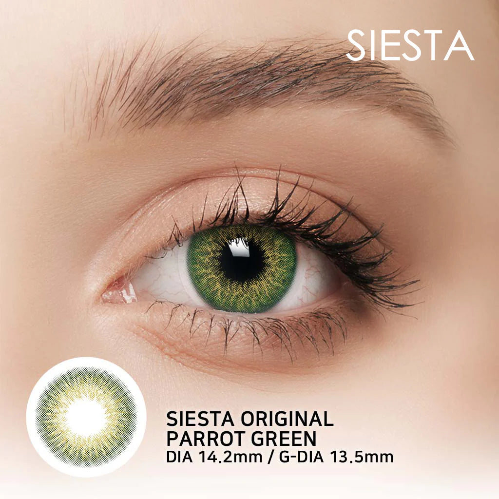 Lente de contacto colorida ParrotGreen da V. Color Lenses — Verde tropical intenso e saturado — o mais vibrante da linha Siesta. (vista adicional 6)