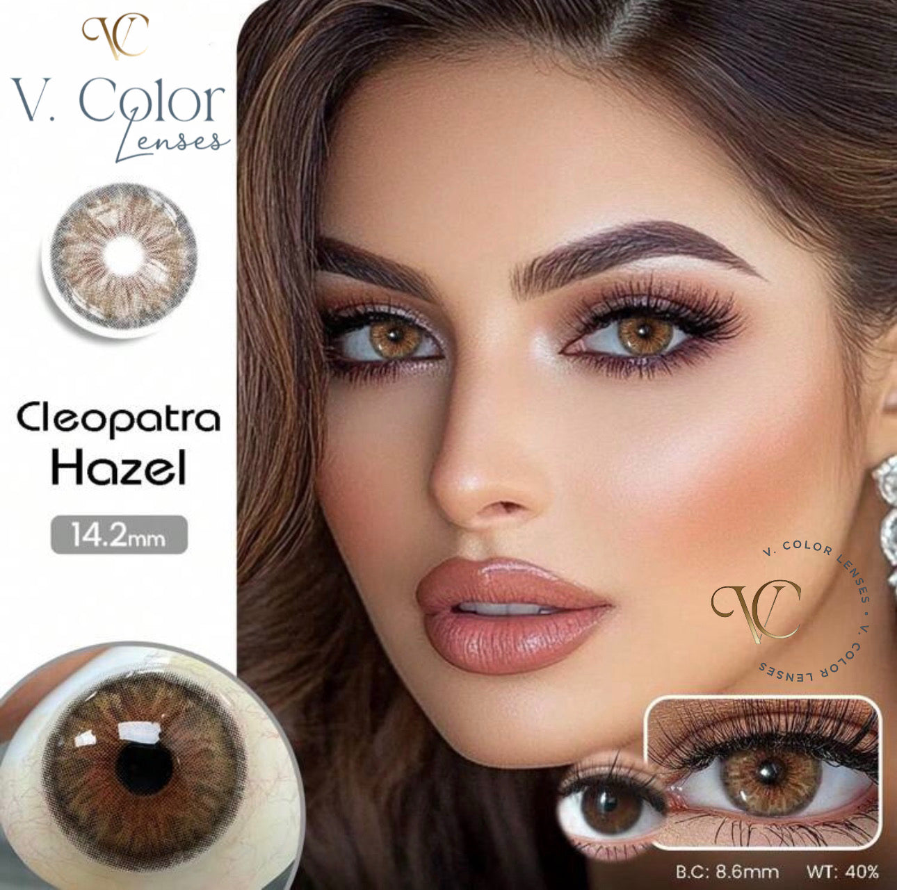 Lente de contacto colorida Mi22-A Cleopatra Hazel da V. Color Lenses — Avelã com mistura de verde e dourado — o tom mais complexo da série Cleopatra. (vista adicional 2)