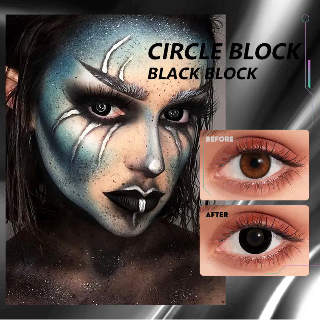 Lente de contacto colorida BLACK BLOCK da V. Color Lenses — Preto opaco de cobertura total, sem qualquer padrão — apenas a abertura central da pupila. (vista adicional 2)