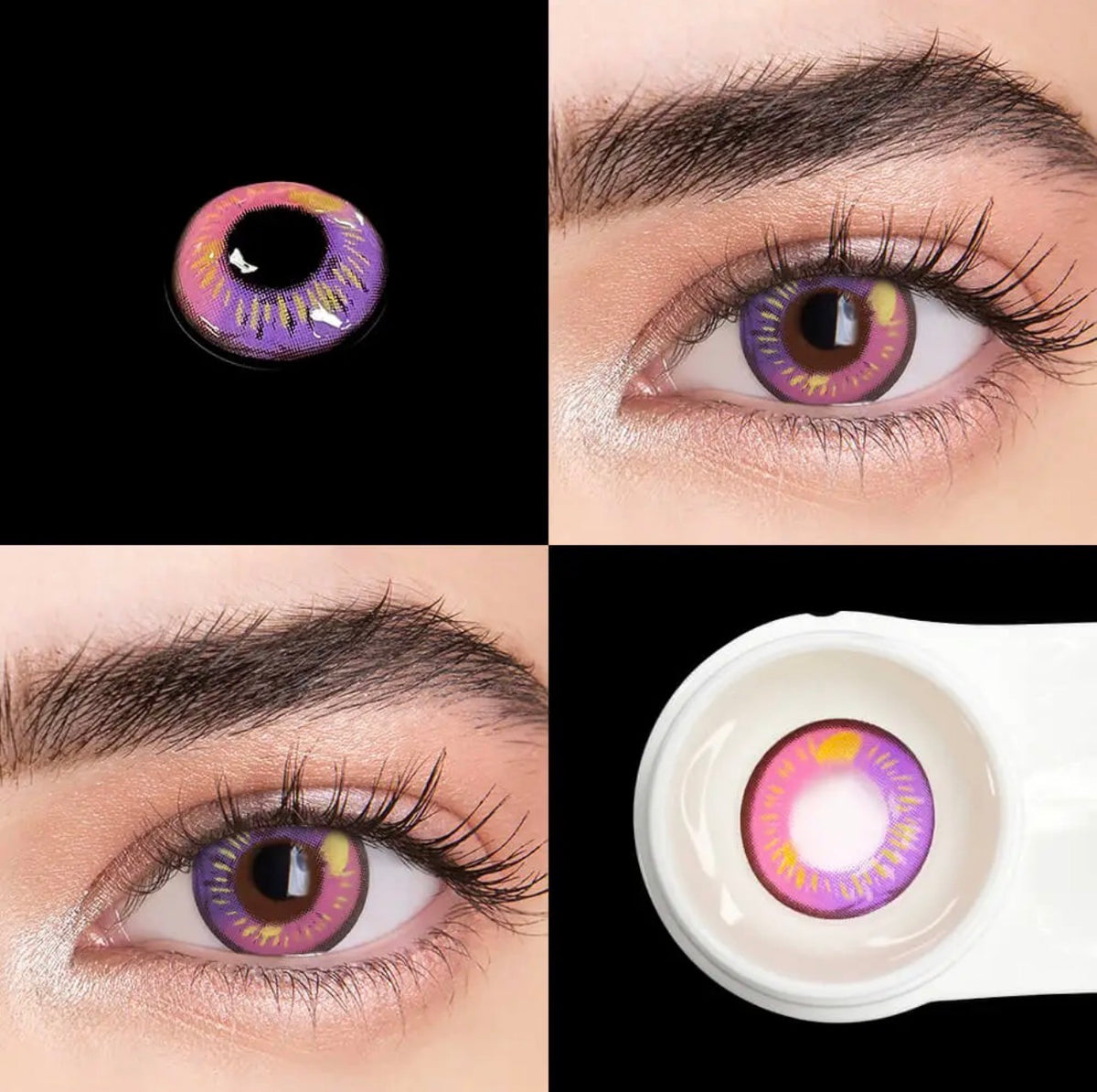 Lente de contacto colorida DY1-1 Anime violet da V. Color Lenses — Violeta e rosa com apontamentos dourados e abertura central ampla. (vista adicional 3)