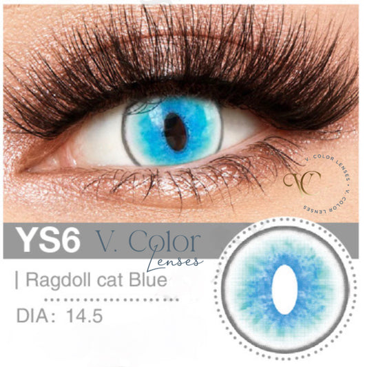 Lente de contacto colorida YS6 Ragdoll Cat Blue da V. Color Lenses — Azul-turquesa vivo com pupila em fenda vertical.