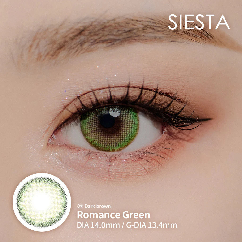 Lente de contacto colorida Romance Green da V. Color Lenses — Verde acinzentado e discreto, longe do verde vivo. (vista adicional 5)