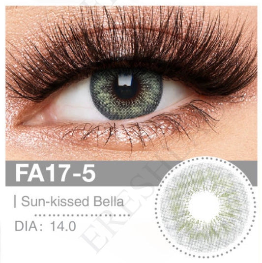 Lente de contacto colorida FA17-5 Sun-Kissed Bella da V. Color Lenses — Castanho médio dourado, equilibrado entre calor e naturalidade.