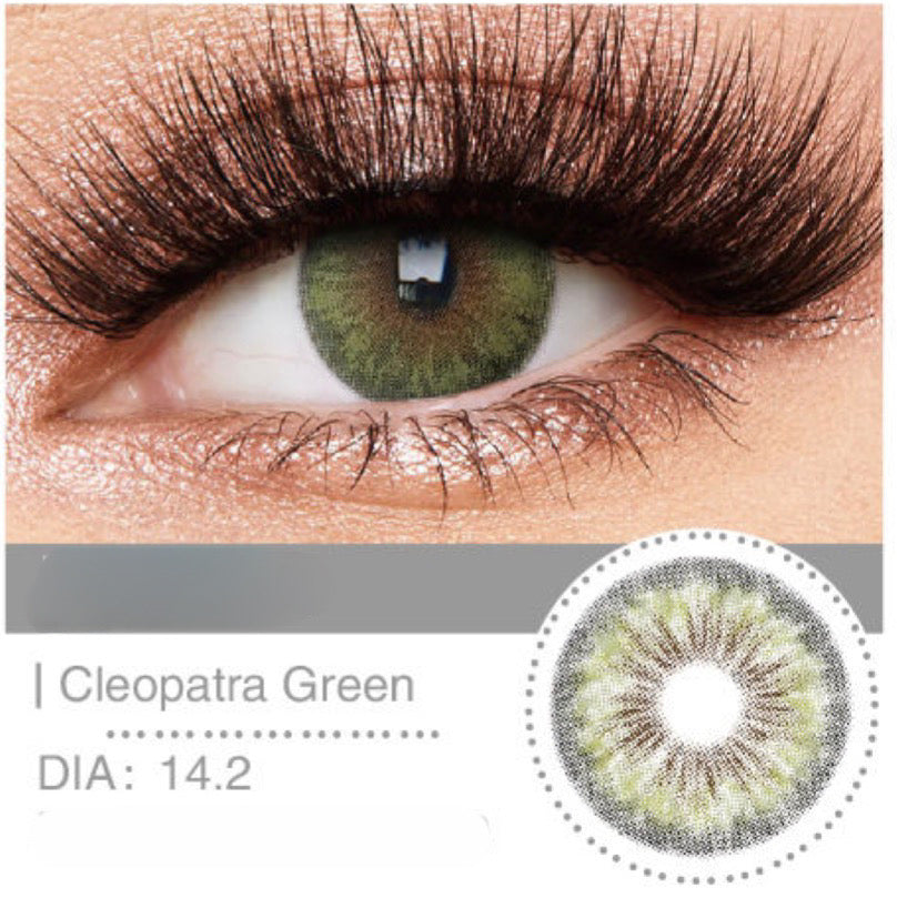 Lente de contacto colorida Mi22-2 Cleopatra Green da V. Color Lenses — Verde com contorno marcado e centro luminoso, de inspiração egípcia. (vista adicional 5)