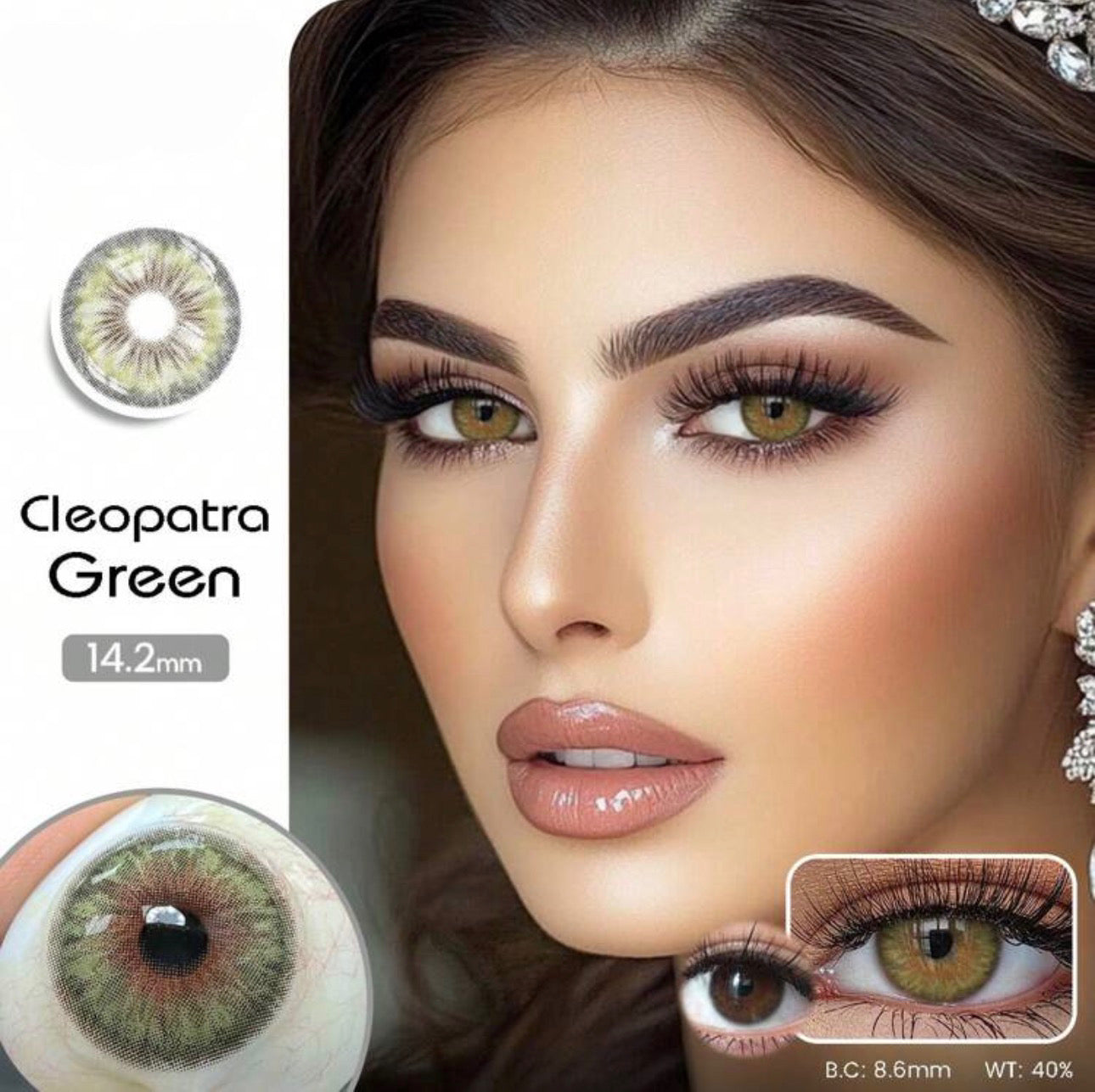 Lente de contacto colorida Mi22-2 Cleopatra Green da V. Color Lenses — Verde com contorno marcado e centro luminoso, de inspiração egípcia. (vista adicional 3)