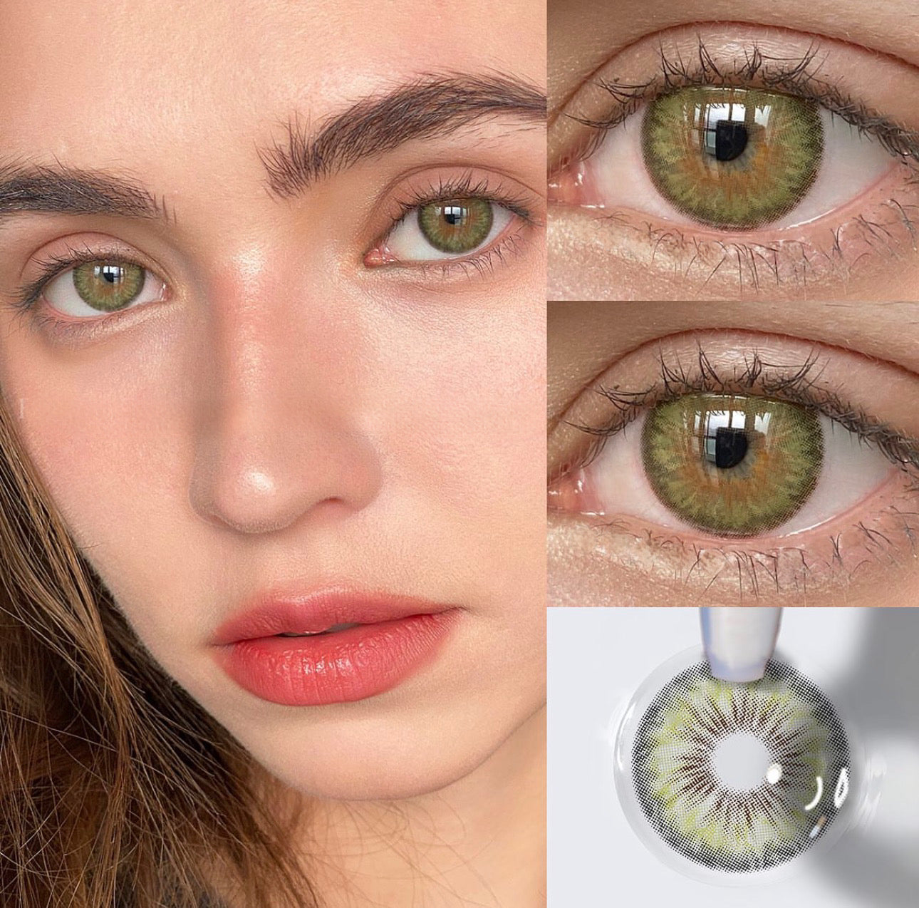 Lente de contacto colorida Mi22-2 Cleopatra Green da V. Color Lenses — Verde com contorno marcado e centro luminoso, de inspiração egípcia. (vista adicional 4)