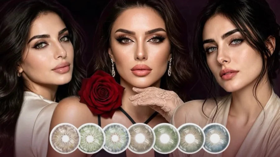 Três mulheres com lentes de cor clara e sete tons de lente lado a lado